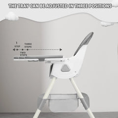 High chair with adjustable tray on a plain background