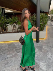 Maxi Dress Women Chest Wrap Backless Bandage Halter Satin Elegant Clubwear Evening Party Long Dress