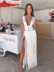 Patchwork Tassel Hem Backless Long Dress Sexy White Bandage Sleeveless High Waist Dress Summer Beach Party Wear