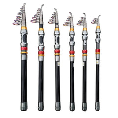 Set of six telescopic fishing rods on a white background