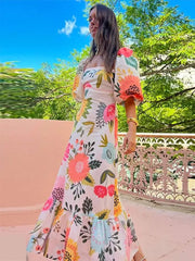 Maxi Dress Women Elegant Flower Print Square Neck Lantern Sleeve A-Line Vacation Spring Summer Dress