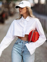 Crop Top Women Elegant Flare Sleeve Asymmetrical Shirt Chic Streetwear Casual Fashion Blouse Top