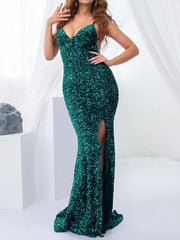Mermaid Maxi Dress Women V-Neck Backless Sequined Stretch Split Sleeveless Floor Length Evening Prom