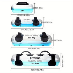 Fitness aqua bags with labeled weights and dimensions on a white background