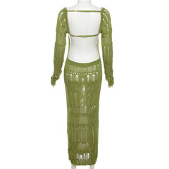 Long Sleeve Hollow Out Maxi Dress Women Backless Slash Neck Club Party Elegant Fashion Dress