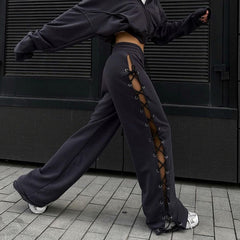 Knitted Sweatpants Women Slit Hollow Solid Tie Casual Comfortable Everyday Fashion Pants