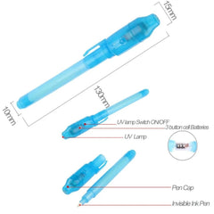 Blue invisible ink pen with measurements and labeled parts on a white background
