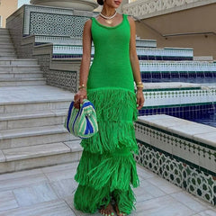Maxi Dress Women Knit Slim High Waist Sleeveless Patchwork Cascading Tassel Elegant Fashion Summer