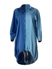 Plus Size Denim Shirt Dress Women Drawstring Patchwork Button Down Long Sleeve Casual Fashion