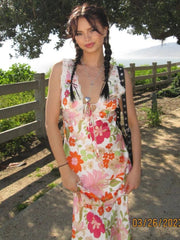 Maxi Dress Women Elegant V-Neck Slip Floral Print Satin Backless Lace Bodycon Beach Party Summer