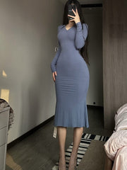 High Waist Fishtail Maxi Dress Women Long Sleeve Wrap Slim Elegant Casual Fashion Dress