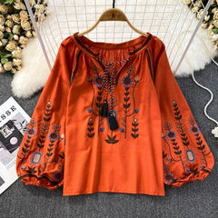 Lantern Sleeve Embroidered Blouse Women O-Neck Loose Fit Casual Elegant Fashion Top