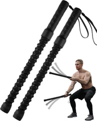 Two black flexible whips with a man holding one of them on a white background