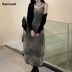 Tie Dye Mesh Midi Dress Women Vintage Spaghetti Strap Printed Casual Elegant Fashion Dress