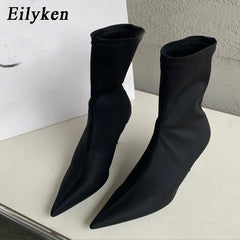 Ankle Boots Women Stretch Fabric Pointed Toe High Heel Pump Chic Elegant Fashion Shoes