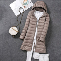 Long Down Puffer Jacket Women Ultralight Thin Packable Slim Hooded Parka Winter Outerwear Fashion