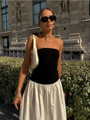 Maxi Dress Women Patchwork Strapless Contrast Color A-Line High Waist Sleeveless Long Party Dress