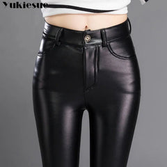 Faux Leather Pants Women High Stretch Shiny Slim Pencil Vegan Leather Trousers Casual Fashion