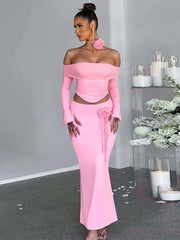Skirt Set Women 2-Piece Bodycon Flower Slim Backless Lace-Up Top Elegant Party Long Dress Suit