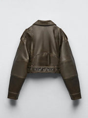 Faux Leather Jacket Women Vintage Loose Short Belt Biker Style Retro Casual Outerwear Fashion