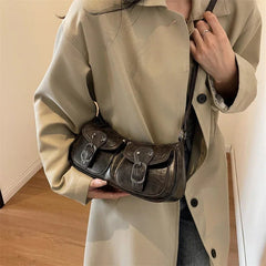 Shoulder Bag Women Double Pocket PU Leather Trendy Crossbody Underarm Handbag Purse