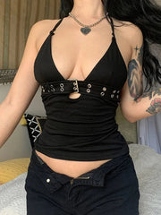 Crop Top Women Black Bandage Backless Lace Up Retro Punk Mini Vest Tank Cute Party Top
