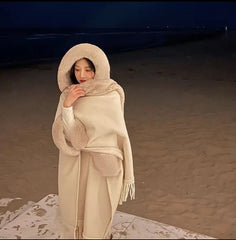 Faux Fur Cape Coat Women Thick Velvet Knitted Rabbit Collar Loose Poncho Tassel Cloak Hat Winter