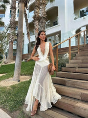 Maxi Dress Women Deep V-Neck Irregular Ruffle Hollow Out Sleeveless Backless Tassel Beach Party Summer
