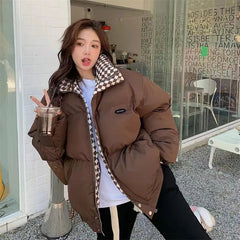 Quilted Jacket Women Winter Cotton Zipper Loose Padded Solid Thick Warm Puffer Parka Outerwear