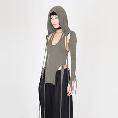 Hooded Crop Top Women Fairy Grunge Long Sleeve Y2K Strappy Asymmetric Streetwear Fashion