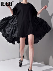 Women's Half Sleeve Pleated Split Joint Loose Dress Round Neck Over Sized Dress