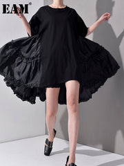 Half Sleeve Maxi Dress Women Pleated Split Joint Loose Round Neck Oversized Casual Fashion