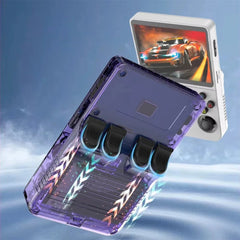Transparent gaming console with purple accents and a screen displaying a racing game.