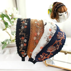 Headband Women Bright Silk Wide Embroidered Flower Crown Hairband Girls Hair Accessories Fashion