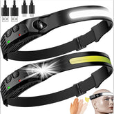 Black headlamp with USB charging cables on a white background