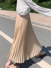 High Waist Pleated Midi Skirt Women Stretch Long Casual Elastic Comfortable Fashion Skirt