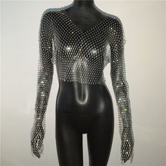 Rhinestone Fishnet Top Women Crystal Diamond Mesh Sparkling Sheer Long Sleeve Party Fashion
