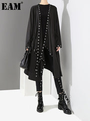 Gothic Ribbon Pleated Coat Women Black Hollow Out Loose Fit Casual Streetwear Outerwear Fashion