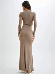 Bodycon Maxi Dress Draped Waist Full Length Gown Elegant Evening Party Formal Tight Fitted Women