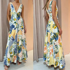 Maxi Dress Women Deep V-Neck Linen Sleeveless A-Line Loose Oversized Swing Camisole Beach Holiday Summer