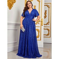 Plus Size Sequin Maxi Dress Women Blue Shiny V-Neck Short Sleeve Loose Sparkly Elegant Prom Wedding