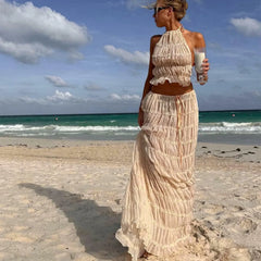 Halter Crop Top & Maxi Skirt Set - apricot