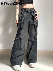 Low Waist Wide Leg Pants Women Grunge Loose Patchwork Ribbon Hem Cargo Casual Streetwear Fashion
