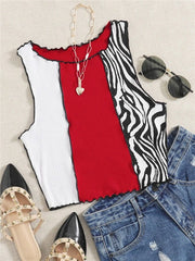 Zebra Stripe Rib Knit Crop Top Women Graphic Patchwork Y2K Sleeveless Tank Casual Fashion