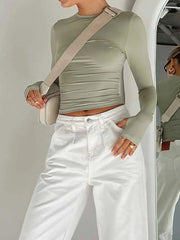 Long Sleeve T-Shirt Women Crew Neck Solid Slim Fit Crop Top Thumb Holes Streetwear Spring Fall