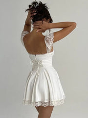 Mini Dress Women Elegant White Lace Strap Sleeveless Backless Loose A-Line Short Boutique Fashion Dress