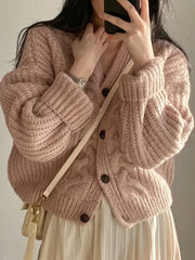 Vintage Knit Cardigan Women Solid V-Neck Single Breasted Casual Loose Thick Elegant Winter Fashion