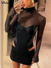 Satin Mini Dress Sheer Mesh Long Sleeve High Neck Bodycon Sexy Party Club Night Out Women