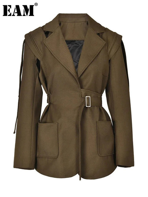 Blazer Women Brown Belted Lapel Loose Fit Chic Contemporary Jacket Spring Autumn Outerwear