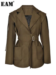 Blazer Women Brown Belted Lapel Loose Fit Chic Contemporary Jacket Spring Autumn Outerwear